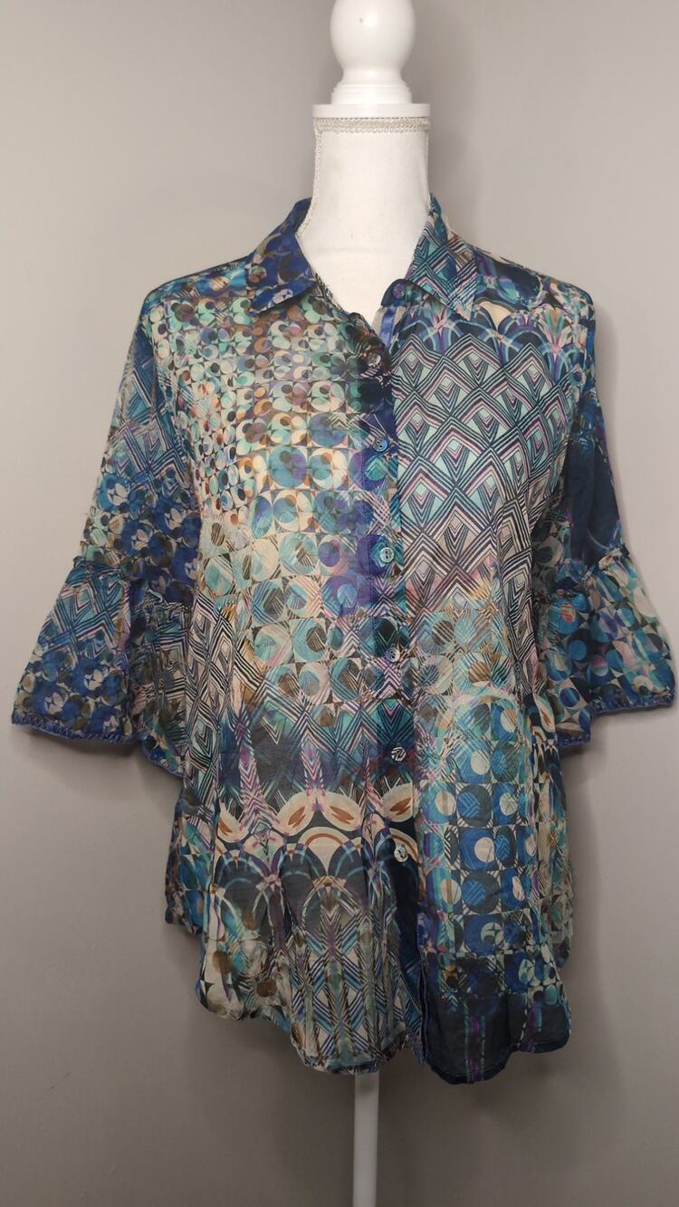 Johnny Was Collection Patchwork Boho Tunic Blouse Small